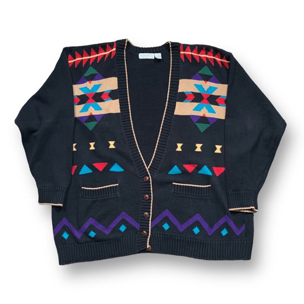 Vintage 90s Black Southwestern Knit‎ Cardigan Sweater Geometric Vneck Plus Size